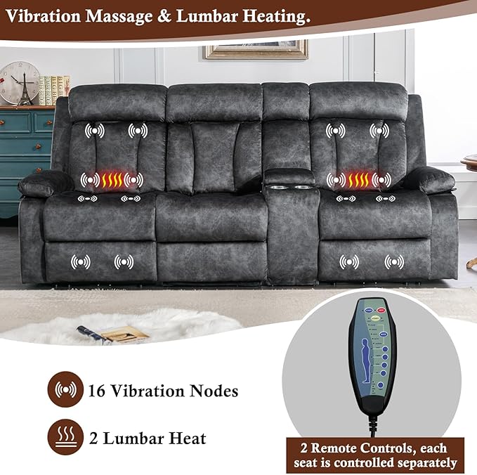 GUEAPY 3 Seater Recliner Sofa Reclining Loveseat with Console Power Reclining Sofa with Heat and Massage, Cup Holders, USB & Type-C Charge Ports for Living Room