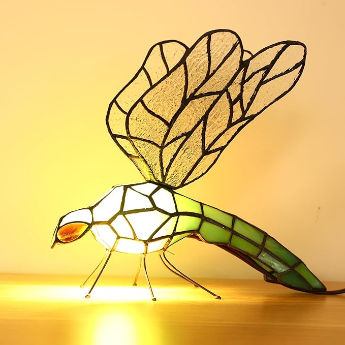 Tiffany Table Lamp Green Dragonfly Stained Glass Bedside Nightstand Night Light,3 Color-Temperature,Handcrafted Light for Living Room,Bedroom+LED Bulb,Home Decor Gifts