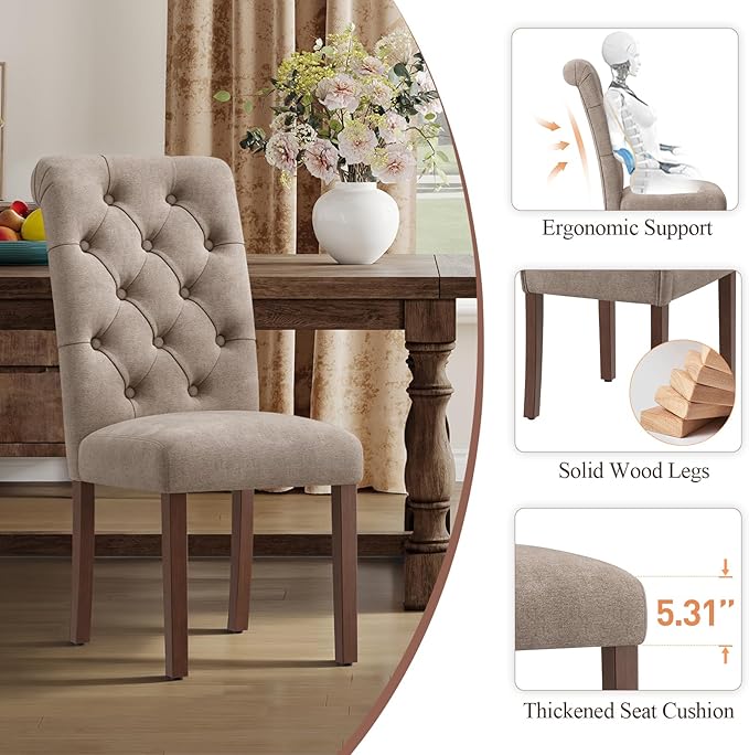 Upholstered Tufted Dining Room Chairs Set of 4, Parsons Kitchen Chairs with Padded Seat and Solid Wood Legs, Fabric Accent Side Diner Chair for Dining Room/Kitchen/Living Room, Camel