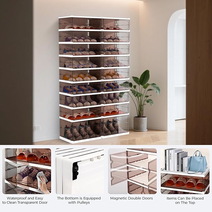 FAHKNS 9 Tier 18 Pairs Foldable Shoe Rack with Wheels, Portable Plastic Shoe Storage Cabinet with Clear Magnetic Doors Space Saving No Assembly for Entryway, Living Room, Closet