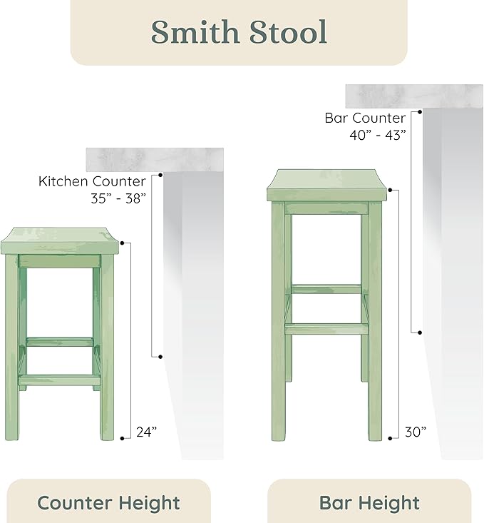 Grain & Grove Smith Collection Set of 4 Solid Wood Counter Height Bar Stools, 24-Inch Saddle Seat Backless Stools, Ideal for Kitchen Island, Dining, or Home Bar Seating, Black