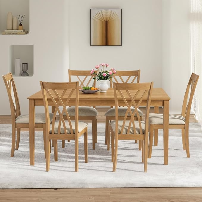 7-Piece Solid Wood Dining Table Set with 6 Upholstered Chairs, 60" L x 36" W Space Saving Dinner Table & Chairs Set, Dining Table Set for Dining Room, Kitchen, Restaurant, Natural Wood Color