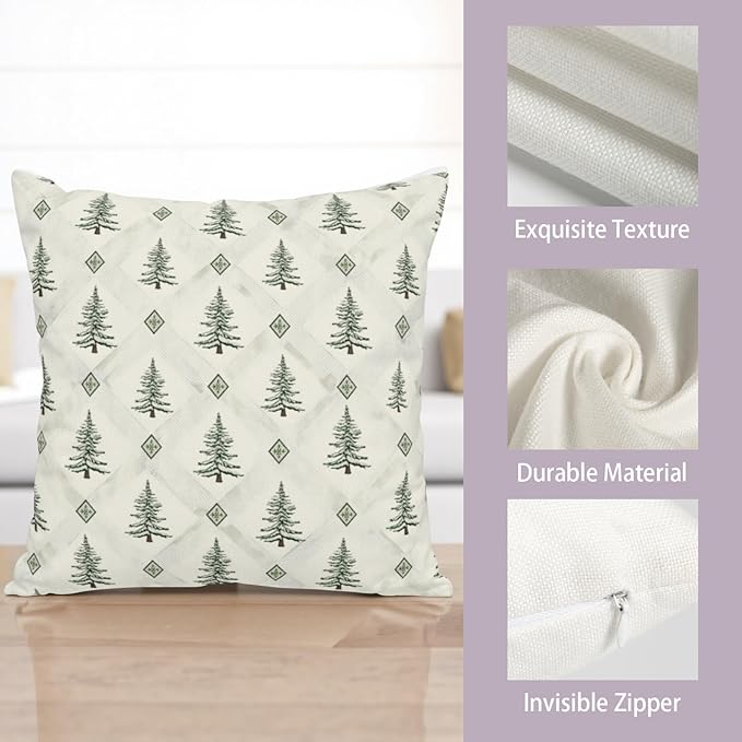 Green White Christmas Tree Pillow Covers 20x20 Set of 2 Xmas Boho Farmhouse Vintage Rustic Print Pillow Case Winter Decorative Outdoor Cushion Case for Home Couch Patio