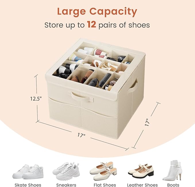 PHINOX Shoe Organizer for Closet, Fits 12-24 Pairs, Shoe Storage Bins with Clear Cover and Reinforced Handles, Foldable Shoe Storage Organizer, Space Saving Shoe Holder for Wardrobe, 1 Pack Beige