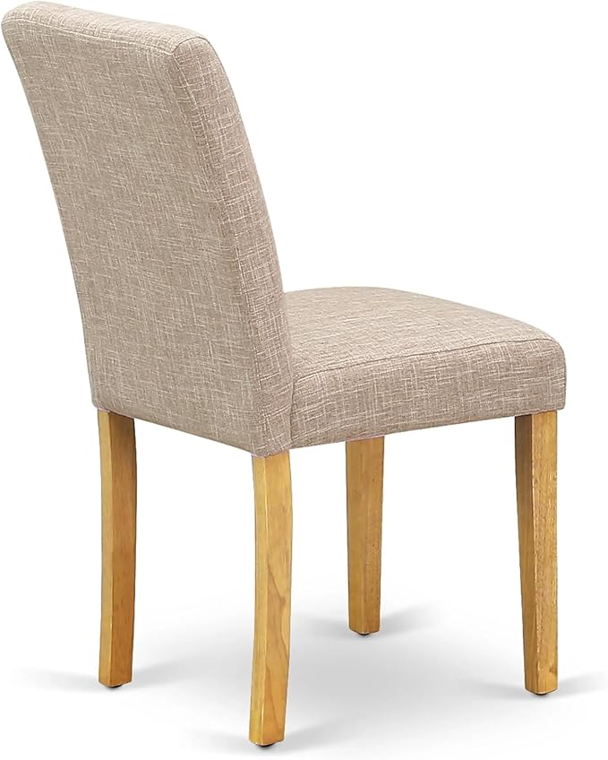 East West Furniture ANAB5-OAK-04 5 Piece Dining Table Set for 4 Includes a Round Kitchen Table with Pedestal and 4 Light Tan Linen Fabric Parson Dining Chairs, 36x36 Inch, Oak