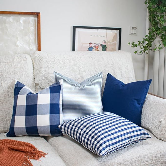 HOPLEE 22x22 Pillow Cover Navy Blue Decorative Pillow Cover with Buffalo Plaid, Solid Navy Blue, Tricking Stripe and Gingham Plaid Design 22x22 Inches Set of 4