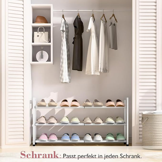 Bumusty 3-Tier Expandable Shoe Rack for Closet, 18“-33” Adjustable Shoe Rack for Small Space, Small Shoe Organizer for Front Door, Sturdy Metal, White