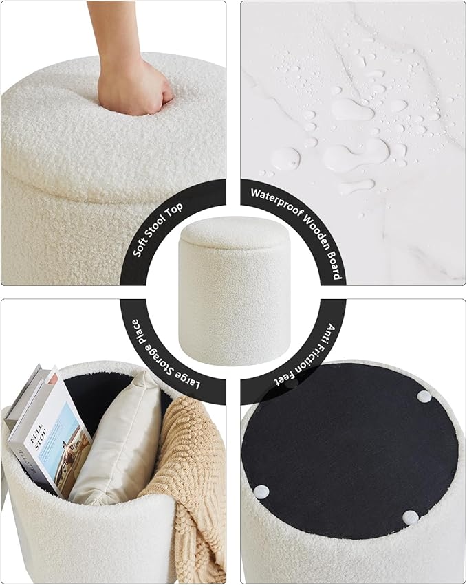 IBUYKE Storage Ottoman Set of 2 Round Ottoman Fleece Vanity Stool with Storage Velvet Footrest Stool End Table Boucle Ottoman for Home Organization UWBD015W