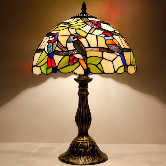 WERFACTORY Tiffany Table Lamp Mix Color Stained Glass Bedside Lamp Double Birds Reading Desk Light 12X12X18 Inches Decor Bedroom Living Room Home Office S805 Series