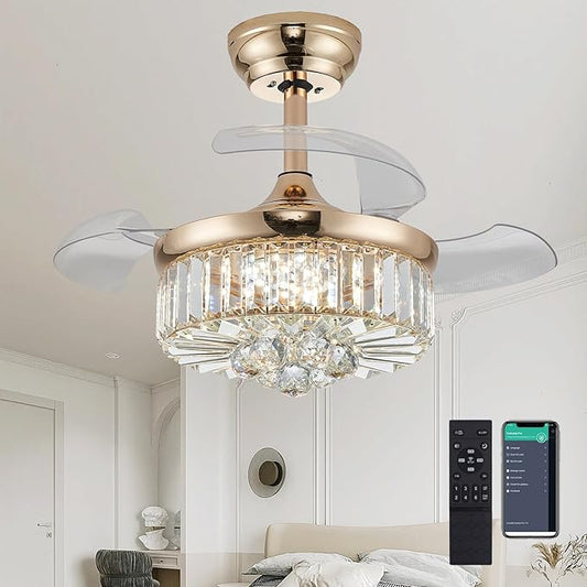 DuMaiWay 30" Golden Chandelier Ceiling Fan with Light Crystal Modern Fandelier Reversible Ceiling Fan Dimmable Retractable Timer for Dining Living Room Bedroom