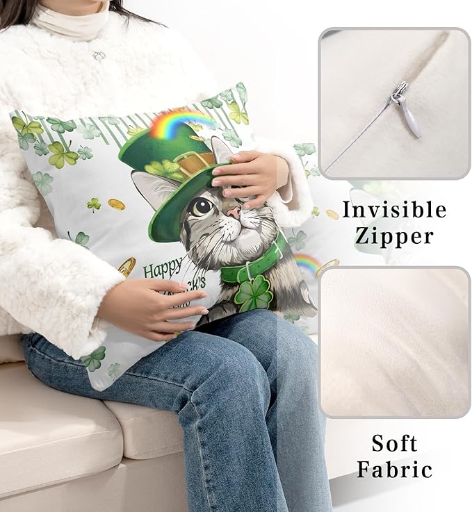 Happy St Patricks Day Pillows Covers 18x18 Pack of 2 Lucky Cat Clover Pillow Covers Rainbow Gold Coin Shamrock Decorative Pillow Cases Cushion Case for Living Room Couch Sofa