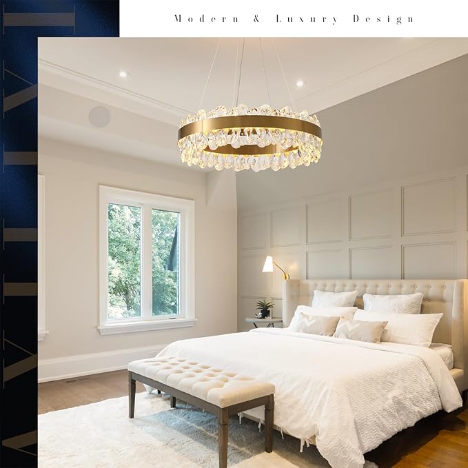 Modern Crystal Chandelier Gold LED Chandeliers 23’’ Round Pendant Light Fixture Dimmable Flush Mount Chandelier for Dining Room Foyer Kitchen, UL Listed