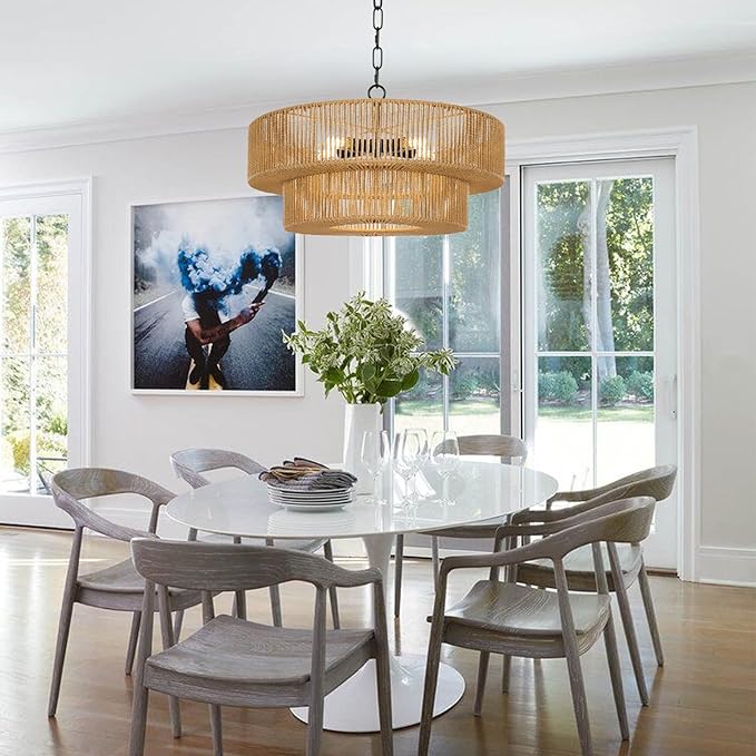 LamQee 22 Inch Farmhouse Rattan Chandeliers, 5 Lights Boho Chandelier Light Fixture with Hand Woven Wicker Shade, Large Rattan Pendant Lights Ceiling Hanging Lighting for Dining Room Kitchen Island