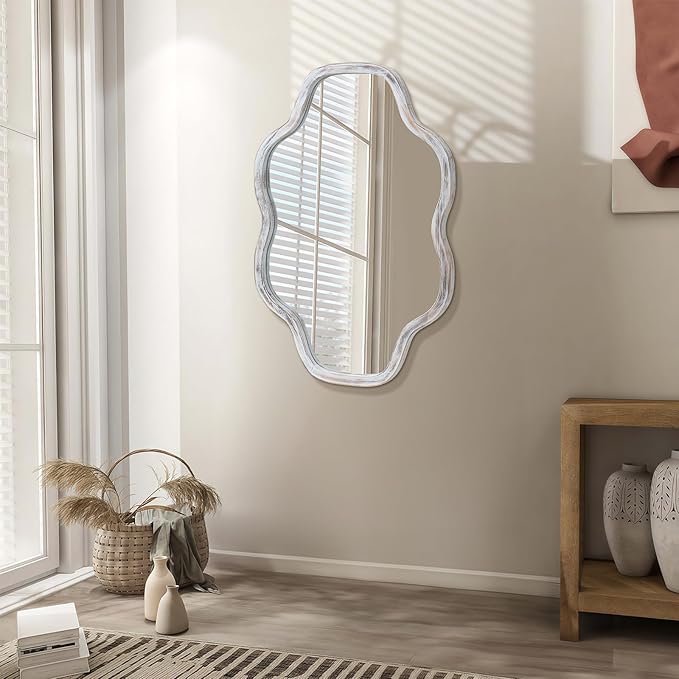 ULIKE Wall Mirror 24"x36" White Wavy Natural Wood Frame – Irregular Cloud Shape Vanity Mirror for Bathroom Bedroom Living Room Entryway