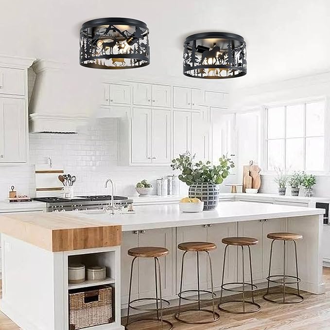 Farmhouse Rustic Ceiling Light Fixtures - Deer & Horse Design, 2-Light E26 Round Metal Fixture for Kitchen, Bedroom, Foyer, Entryway, Lodge (Bulbs Not Included)