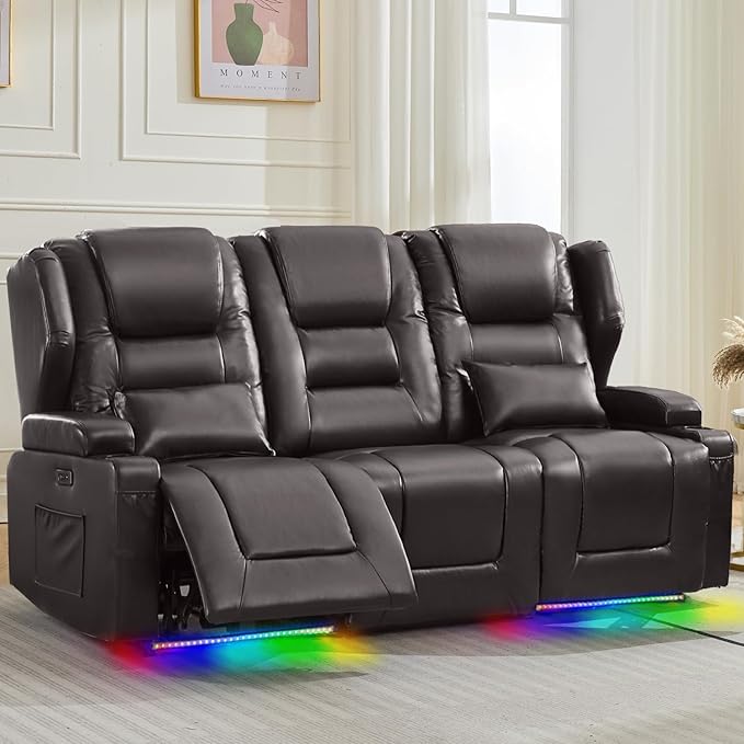 Oprisen 3-Seater Power Recliner Sofa Couch Flip Middle Backrest Reclining Sofa Chair for Living Room with Charging Station/Cup Holders/LED Ambient Light