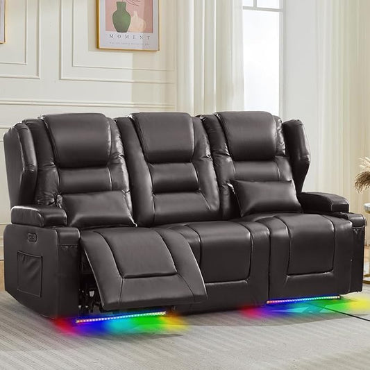 Oprisen 3-Seater Power Recliner Sofa Couch Flip Middle Backrest Reclining Sofa Chair for Living Room with Charging Station/Cup Holders/LED Ambient Light