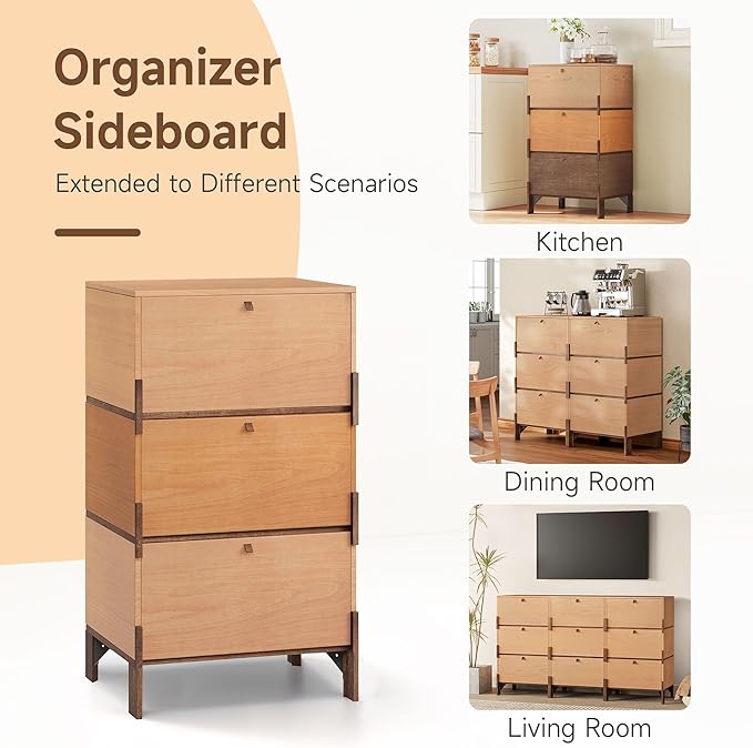 Sebastack Sideboard, Buffet Cabinet with 3 Storage Drawers, Easy Assembly Coffee Bar Wood Buffet Table for Kitchen, Dining Room, Office, Basswood and Beech Color Combo (1 pcs)