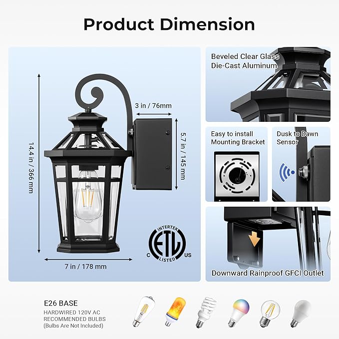 Porch Light with GFCI Outlet, Black Dawn to Dusk Outdoor Light Fixture with Outlet, Exterior Wall Lights with Beveled Glass, Anti-Rust Front Door Lights Wall Mount, Garage Outdoor Lighting, E26