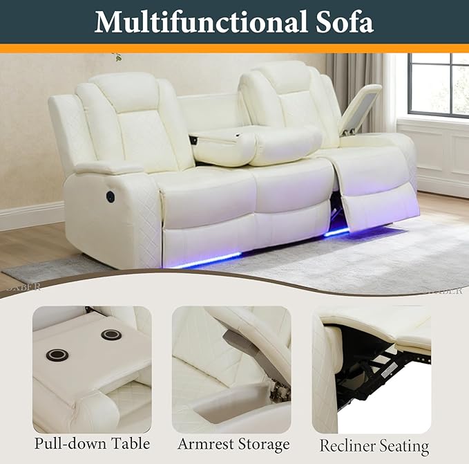 Power Recliner Sectional Sofa Set, Creamy Leather Sectional Couch and 3 Seater Sofa for Living Room, L Shape Reclining Sofa with Cup Holder, Hidden Storage, Coffee Table for House(9 Seat)