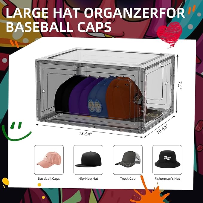 Hat Organizer Box for Baseball Caps, 6 Pack Plastic Hat Storage Display Case with Magnetic Door, Hat Holder Rack for Closet, Snapback Organizer, Hold 8 Caps Each, Black