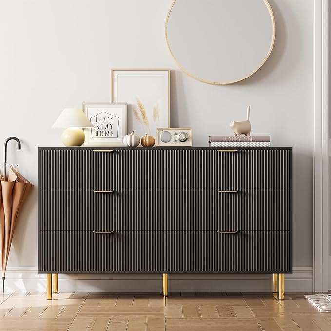 IDEALHOUSE Black Dresser, Modern 6 Drawer Dresser for Bedroom with Gold Handle and Large Drawer, Wood Double Chest of Drawers and Storage Organizer for Living Room, Hallway, Entryway