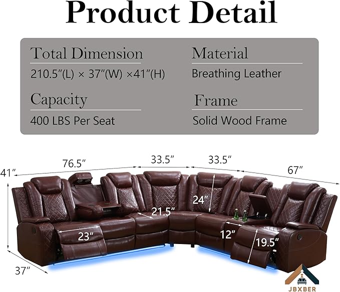 Power Recliner Sectional Sofa Set for Living Room, Leather Recliner Sofa Sets, L-Shaped Corner Sectional Couch Sets with LED Lights, Console Storage(Sectional,Red)