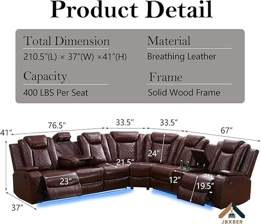 Power Recliner Sectional Sofa Set for Living Room, Leather Recliner Sofa Sets, L-Shaped Corner Sectional Couch Sets with LED Lights, Console Storage(Sectional,Red)