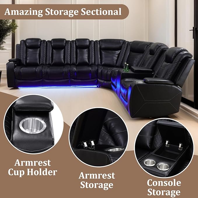 Power Reclining Sectional Sofa Set with LED Lights, Vegan Leather Recliner Sectional Couch for Living Room Furniture,Wireless Charging/USB Charging/Reading Lamp/Armrest Storage,Black Pro