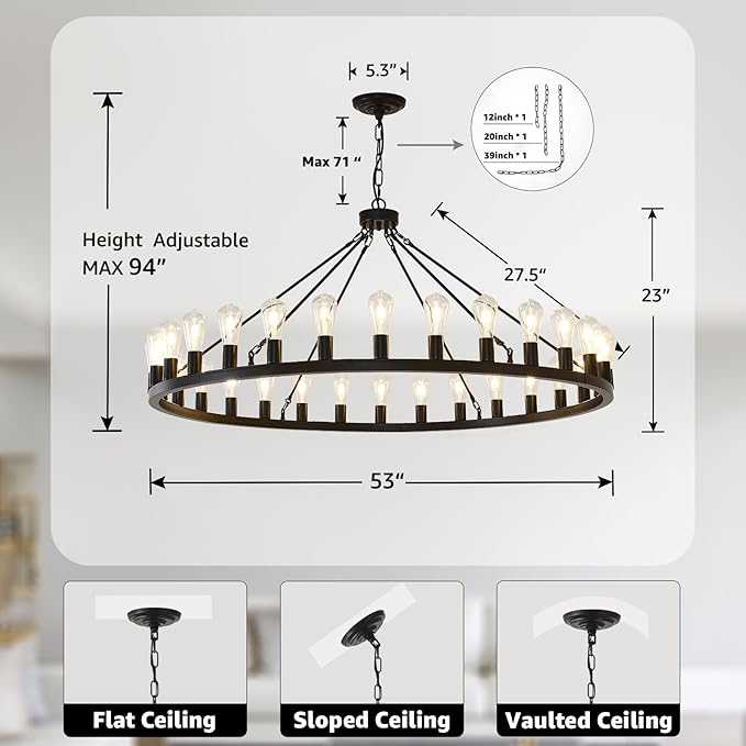 NILSE 53-Inch 30-Light Wagon Wheel Light Fixture, Black Farmhouse Chandelier for Living Room Dining Room, Extra Large Foyer Chandeliers for High Ceilings, Entryway, Bedroom, E26