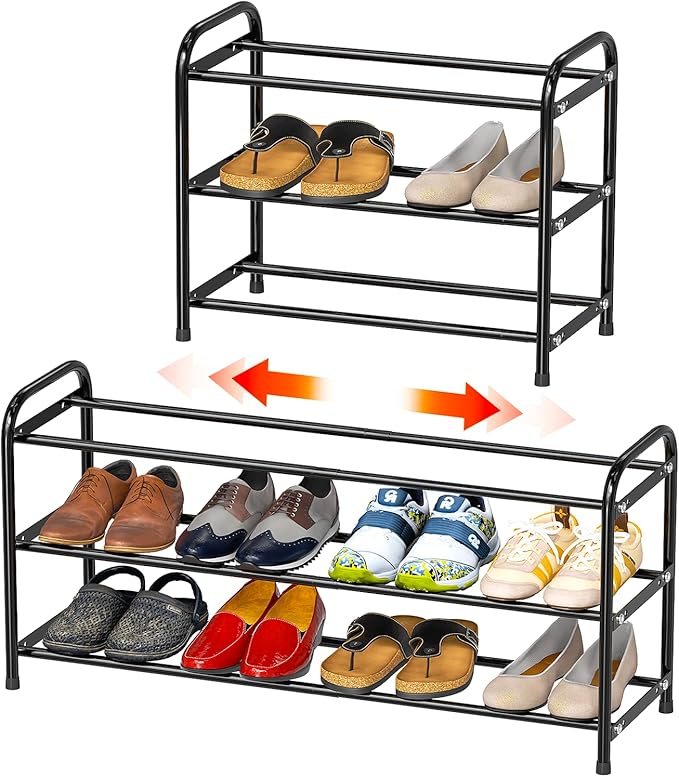 SUFAUY 3 Tier Expandable Shoe Rack for Closet,18“-32”Wide Adjustable Metal Shoe Organizer Cabinet Storage, Black