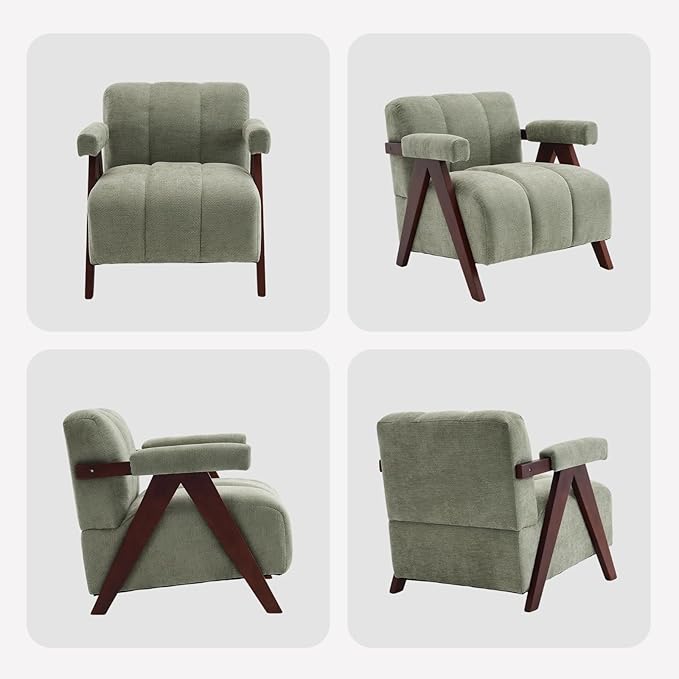 Accent Chairs Set of 2 Mid-Century Modern with Wide Backrest for Bedroom, Upholstered Living Room Chair with Wooden, Lounge Armchair with Thick Cushion, Cute Chenille Comfy Chair, Sage