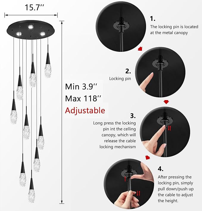118 Inches Long Chandelier Adjustable Hanging Lights Modern Glam Crystal Ceiling Pendant Dimmable Lighting Fixture for Hallway Foyer Living Room Black