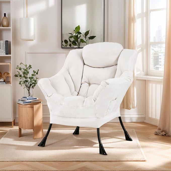 Lazy Chair for Living Room, Modern Accent Chairs with Armrests, Beige Armchairs with Side Pocket, Cozy Lazy Sofa for Reading, Balcony, Bedroom, Dorm, Small Spaces