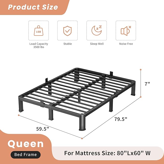 7 Inch Queen Heavy Duty 3500 lbs Bed Frame with Round-Corner Legs & Anti-Squeak Design – Quick Assembly Metal Platform, No Box Spring Needed