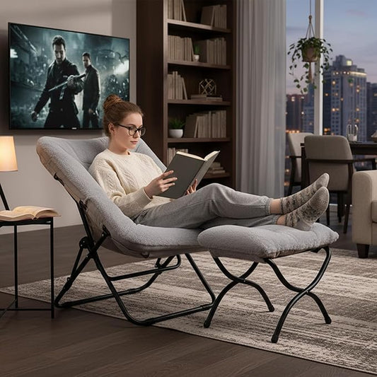 Tiita Folded Chair with Ottoman, Soft Faux Fur Oversized Folding Accent Chair,Lazy Chair, Metal Frame Moon Chair for Bedroom, Living Room, Dorm Rooms, Garden and Courtyard