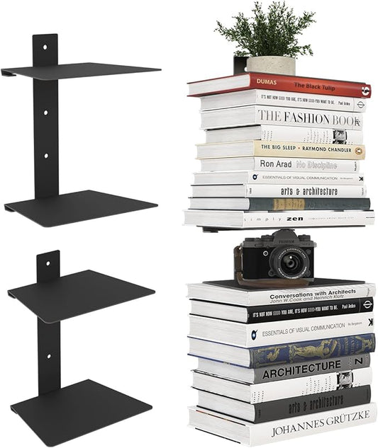 Invisible Bookshelf for Wall, 4 Tier Floating Bookshelf Made of Heavy Duty Metal, Vertical Spine Book Tower Hanging Wall Bookshelf, Floating Book Shelves for Wall, 2 Pack Black