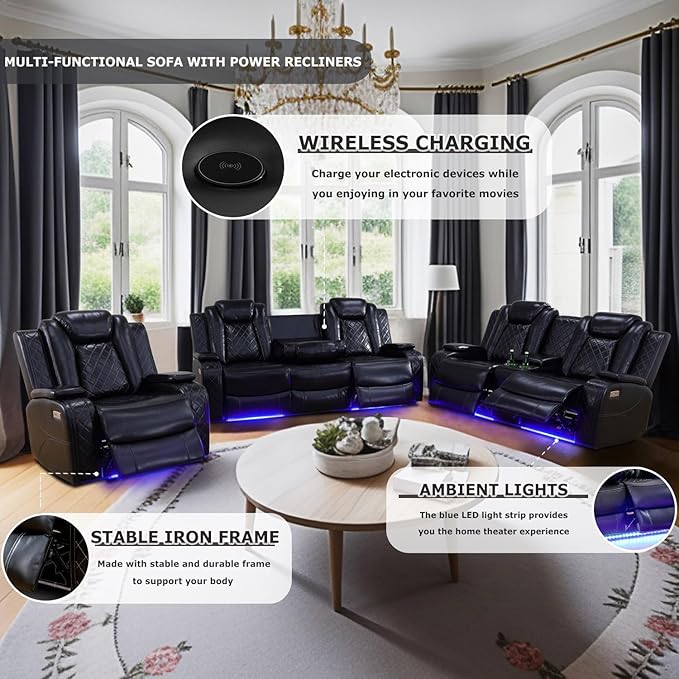Power Recliner Sofa Set with LED, Black Leather Reclining Living Room Sofa, Muti-Functional Recliner Sofa and Couch with Storage Console/Cup Holders/USB Ports