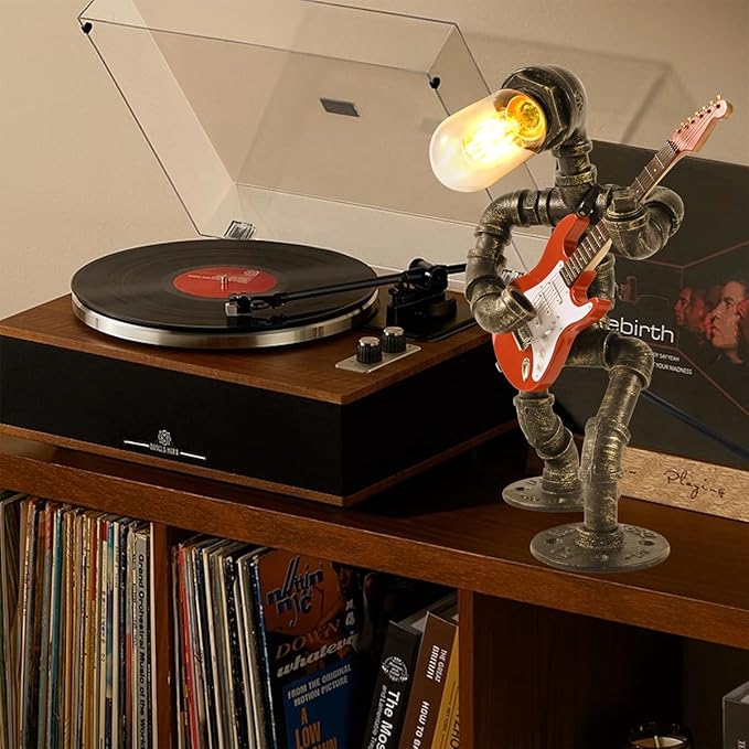 Steampunk Table Lamp with Mini Electric Guitar, Cool Gifts for Music Lovers, Creative Steampunk Lamp Electric Guitar Table Lamp Decor Retro Light Industrial Robot Light