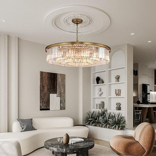 Large Crystal Chandelier Modern Luxury Pendant Ceiling Lights Fixture Antique Gold Chandelier for Dining Room Living Room 12-Lights 3-Tier Raindrop Chandeliers Lighting (Gold, Dia 31 Inch)