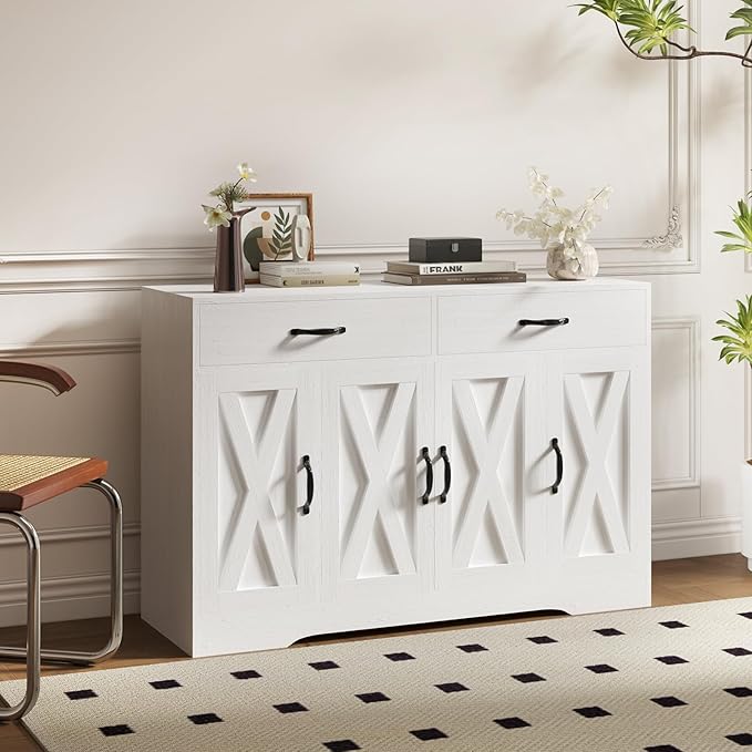 Sideboard Cabinet with Drawers, 47" W Sideboard Buffet Storage Cabinet with Storage for Kitchen, Farmhouse Coffee Bar Cabinets with Shlves and Doors for Hallway, White