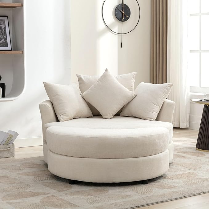ERYE Oversized Round Accent Barrel Chair with Storage Ottoman and 360 Swivel Base, Modern Chenille Upholstered Leisure Recliner Armchair for Living Room Bedroom