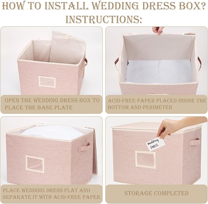 Wedding Dress Storage Box with 1 Pair of Microfiber Gloves and 20 Sheets of Acid-Free Paper, Wedding Dress Preservation Box for Heirlooms, Gowns Bride Musthaves (Pink)