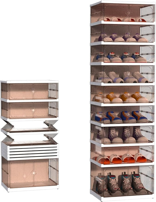 FAHKNS 9 Tier 18 Pairs Foldable Shoe Rack with Wheels, Portable Plastic Shoe Storage Cabinet with Clear Magnetic Doors Space Saving No Assembly for Entryway, Living Room, Closet