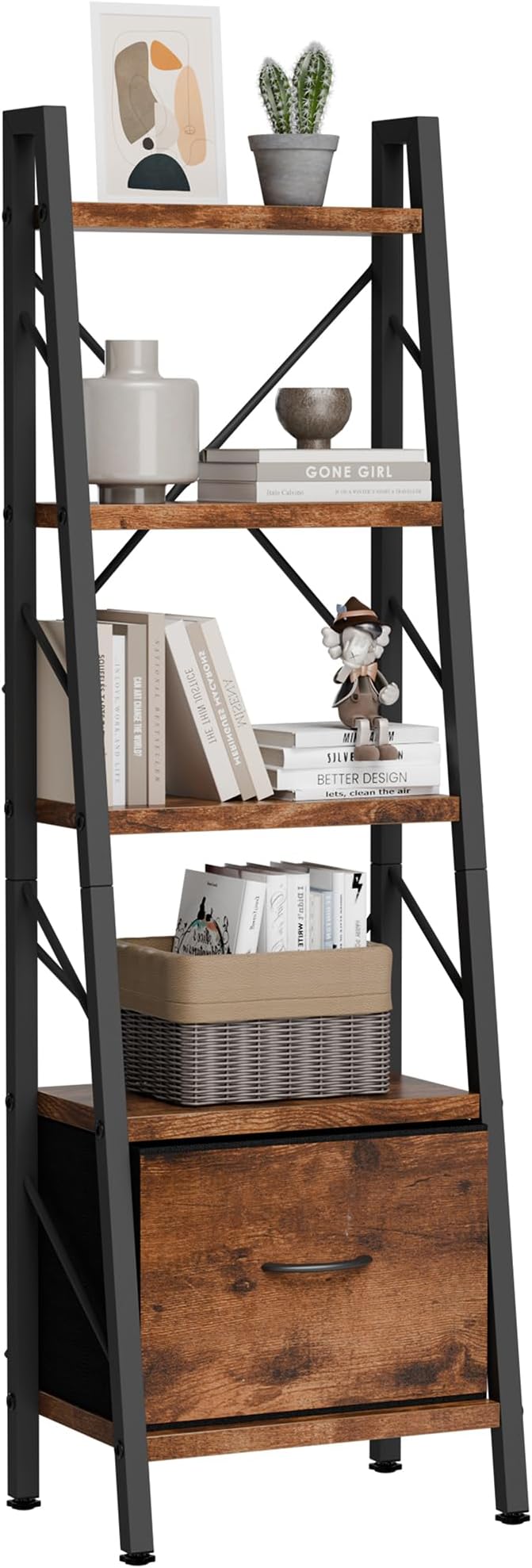 Shintenchi 5 Tier Ladder Bookshelf with Drawer, Tall Modern Corner Bookshelves, Narrow Book Shelf with Storage for CDs/Books/Movies, Bookcase for Room/Home/Office, Rustic Brown