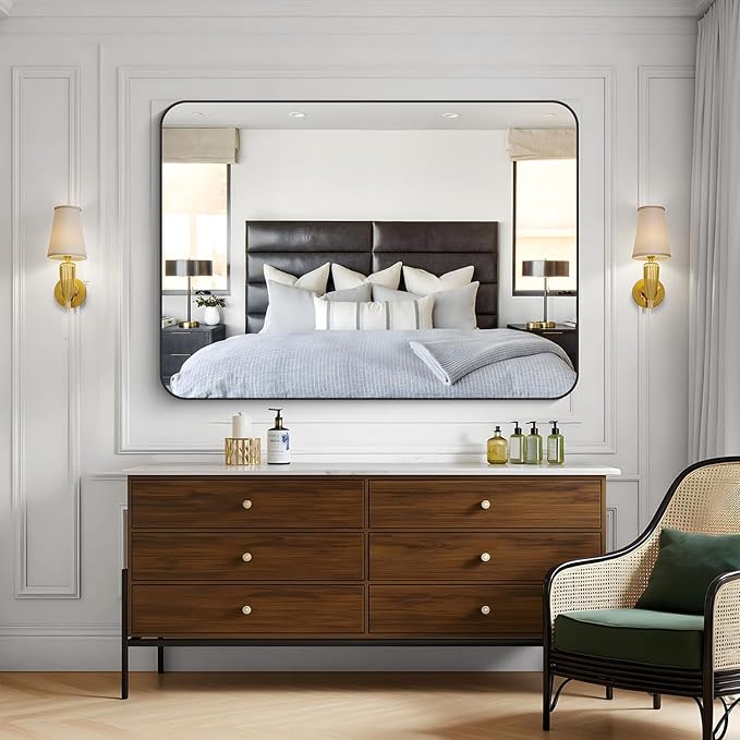 KOCUUY Black Mirror, 36x48 Inch Rectangle Bathroom Mirror with HD Tempered Glass, Anti-Rust Frame, Vanity Mirror with Rounded Corner for Bathroom, Living Room, Entryway, Hang Horizontal/Vertical