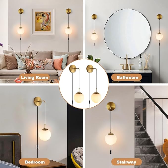 Wall Sconces Set of Two Plug in Wall Sconces Brushed Brass Gold Wall Lamp with Cord Wall Sconce Plug in with Globe White Glass Shade Sconces Set of 2 Wall Light Sconce