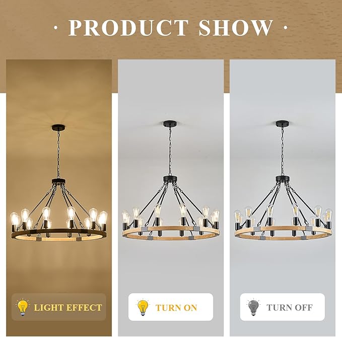 31.5'' 12 Lights Wooden Wagon Wheel Chandelier Natural Farmhouse Wood Round Chandelier Black Rustic Light Fixture for Living Dining Room Entryway Foyer Kitchen