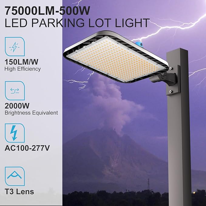 Lightdot 500W LED Parking Lot Lights Outdoor 75000LM Parking Lot LED Lights Commercial, IP65 Led Pole Light Arm Mount with Photocell-2Pack(Coverage: 66~132Ft at Height:30~60Ft)