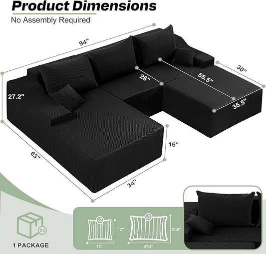 HABUTWAY 94“ U Shaped Modular Sectional Couch for Living Room, Modular Cloud Sofa with Ottoman, No Assembly Boneless Couches with Deep Seat, Corduroy Fabric (Black, Left Facing)